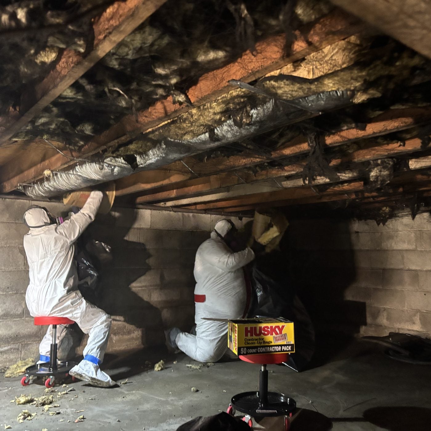 Two PCRS technicians in Tyvek suits removing mold-darkened insulation from a residential crawlspace ceiling
