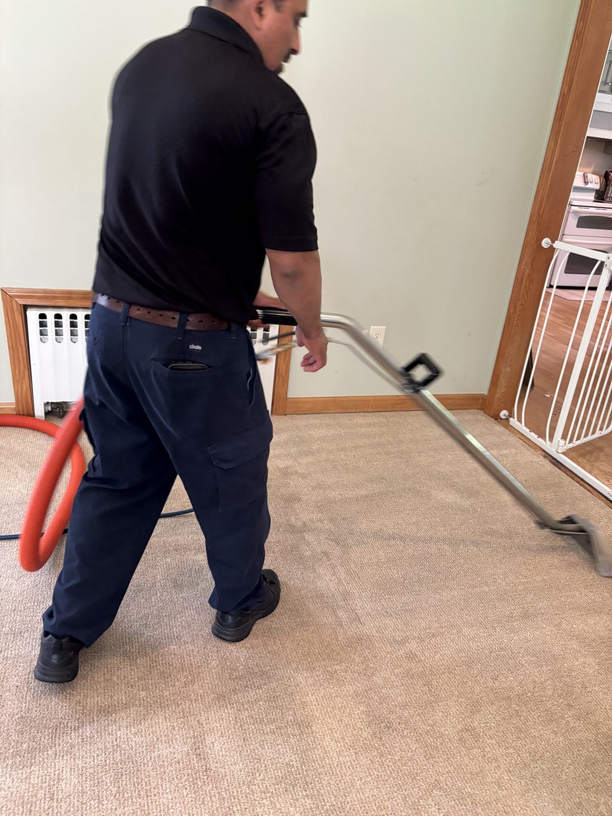 PCRS technician steam-cleaning a carpet, the cleaned stripe visible behind the wand