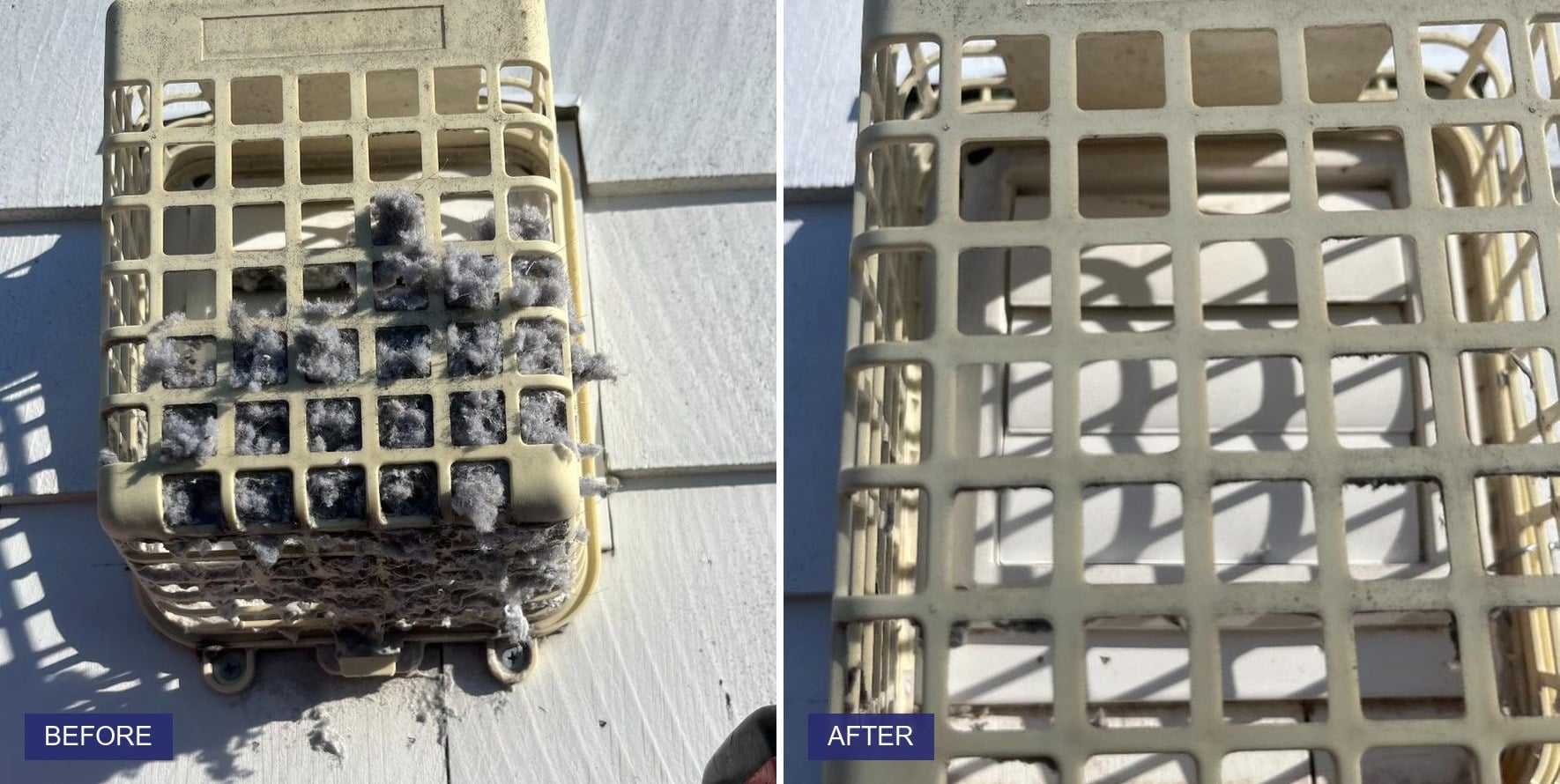 Dryer vent exterior cage before and after cleaning