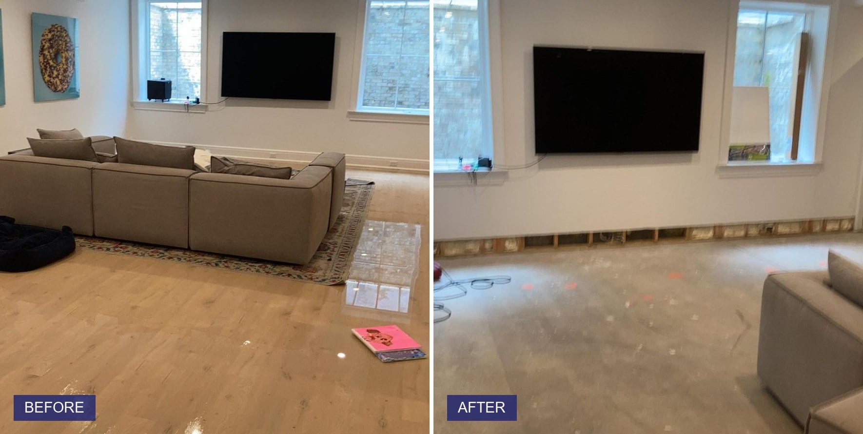 pcrs-water-damage-basement-results Water damage mitigation results in Connecticut — a finished basement photographed under standing water and again after PCRS flood-cut the walls and set drying equipment